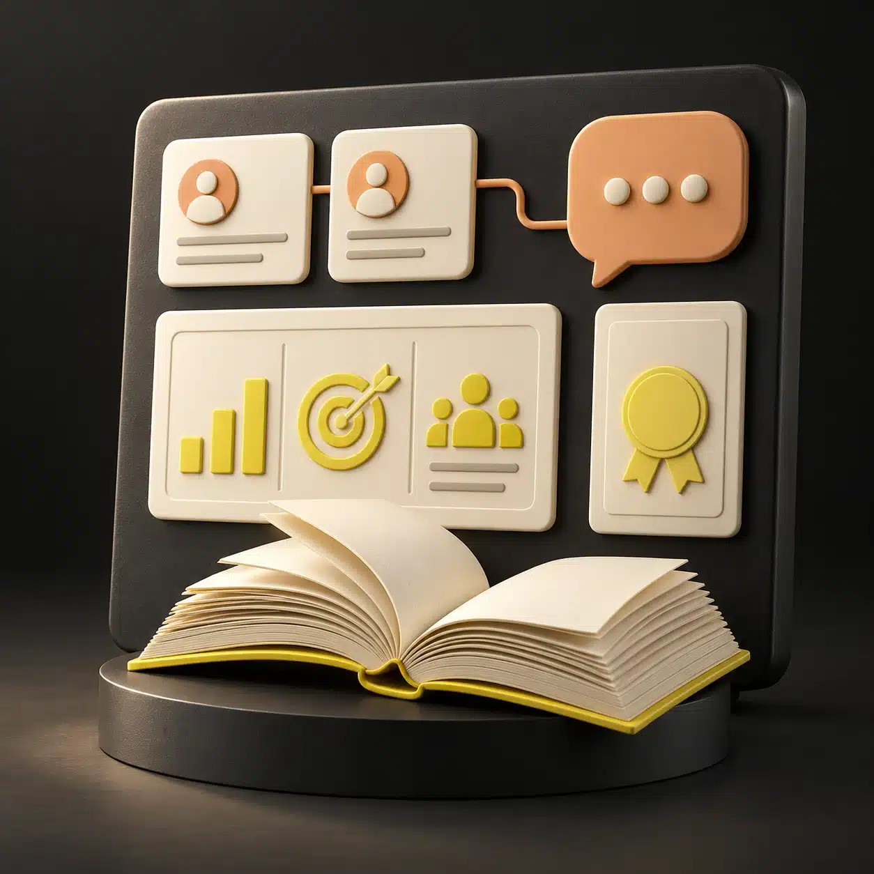 Panneau 3D illustrant le parcours commercial : contacts clients, dialogue, progression des compétences, certification et livre ouvert.