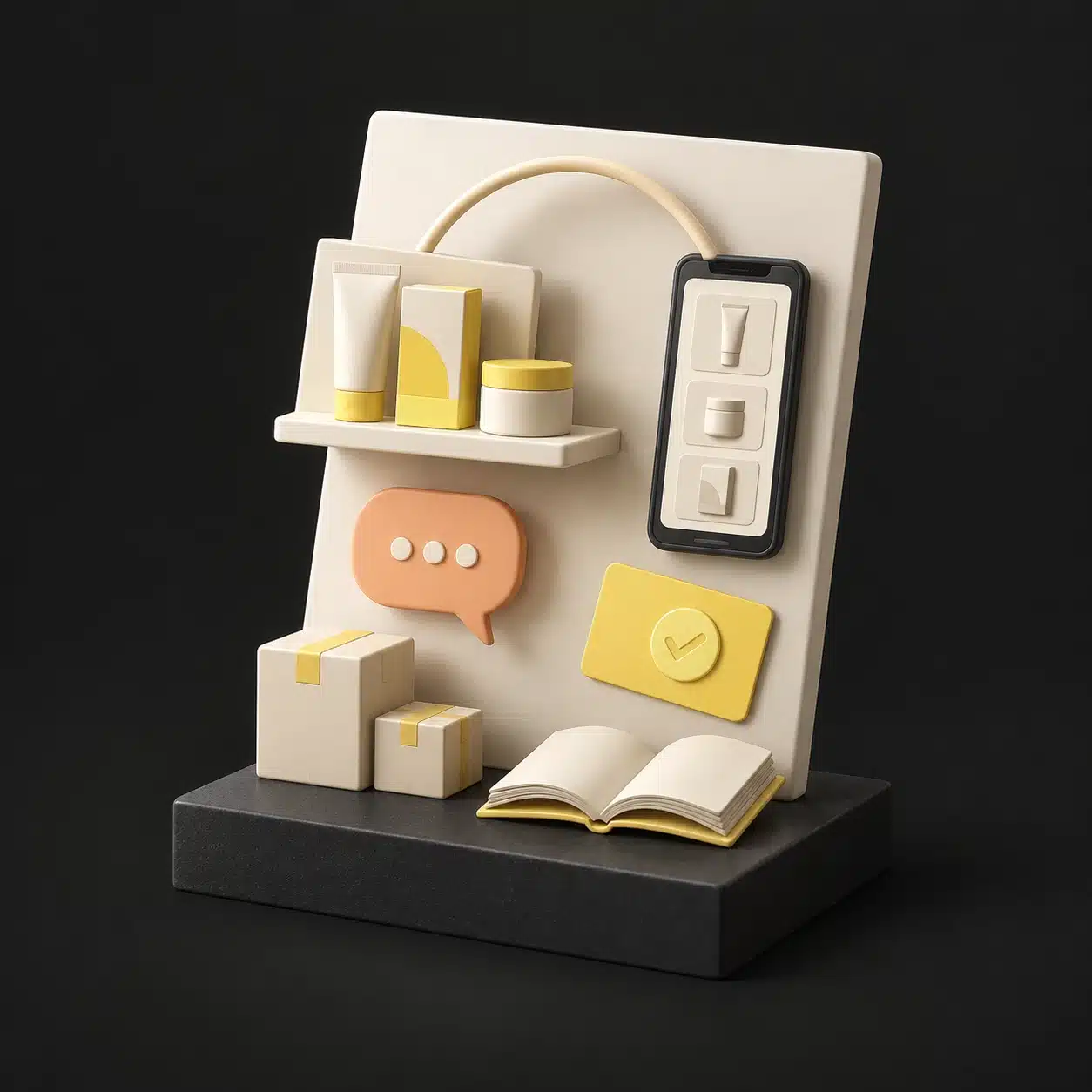 Panneau 3D sur la vente-conseil : présentation de produits, échange avec le client, boutique sur mobile, carte de fidélité, stocks et livre de formation.