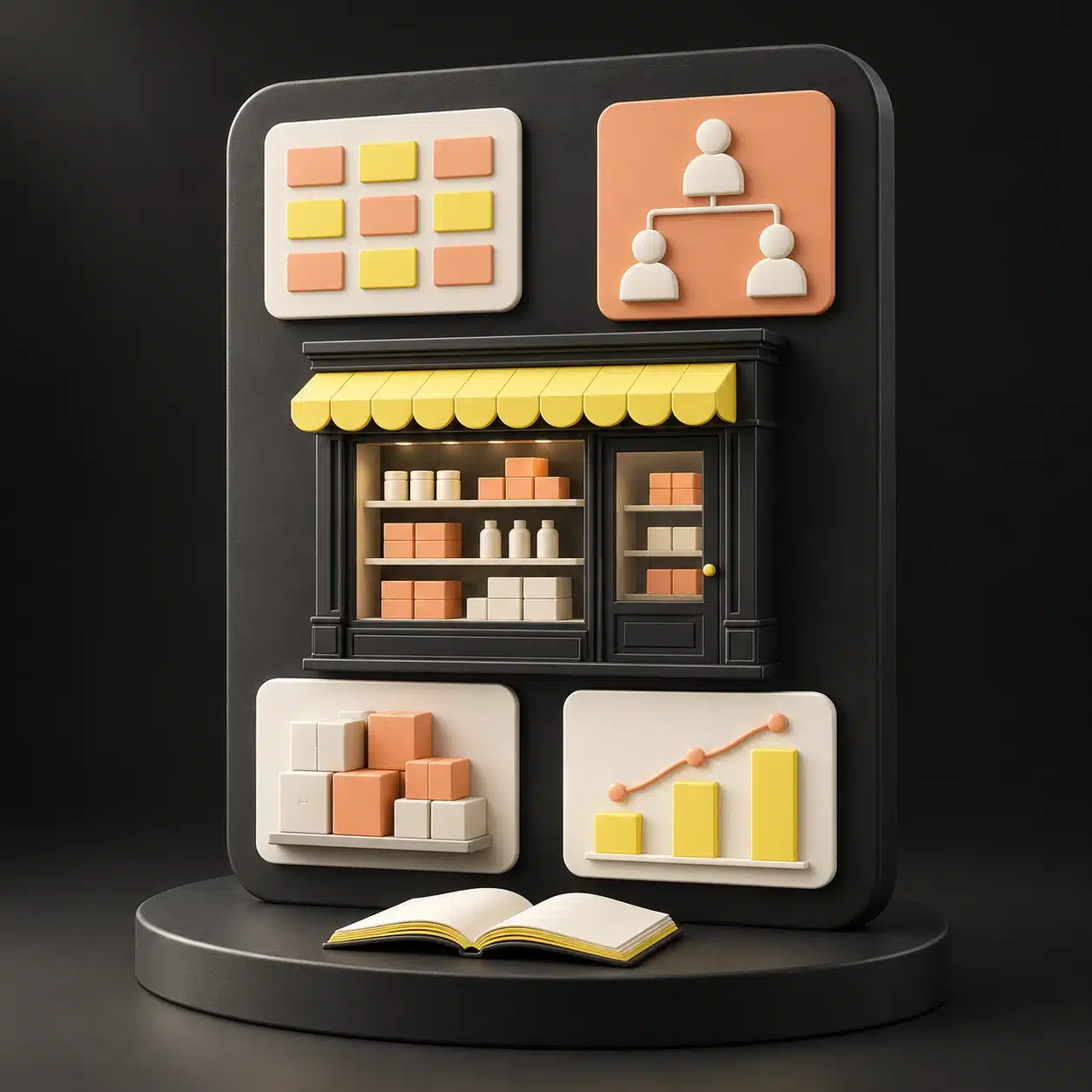 Panneau 3D illustrant le management d’un établissement marchand : planning, équipe, point de vente, stocks, indicateurs et livre de formation.